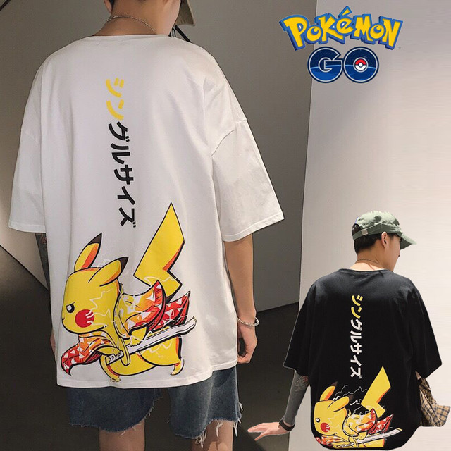 2021 nova camisa de manga curta dos desenhos animados da camisa de fundo do  preto solto do verão do pokemon pikachu - AliExpress